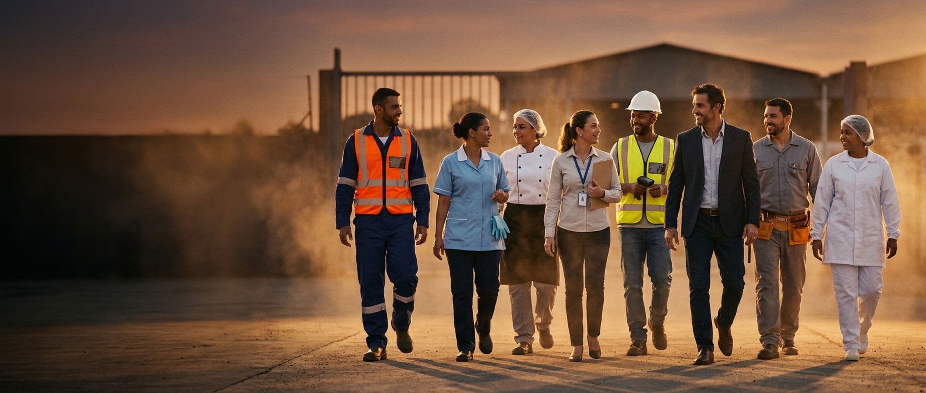 Trabalhadores do Grupo Sertec de ofícios diferentes — produção, limpeza, cozinha, administrativo, logística e diretoria — caminhando juntos no fim do expediente